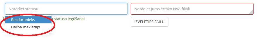 Izvēles logs - bezdarbnieks vai darba meklētājs